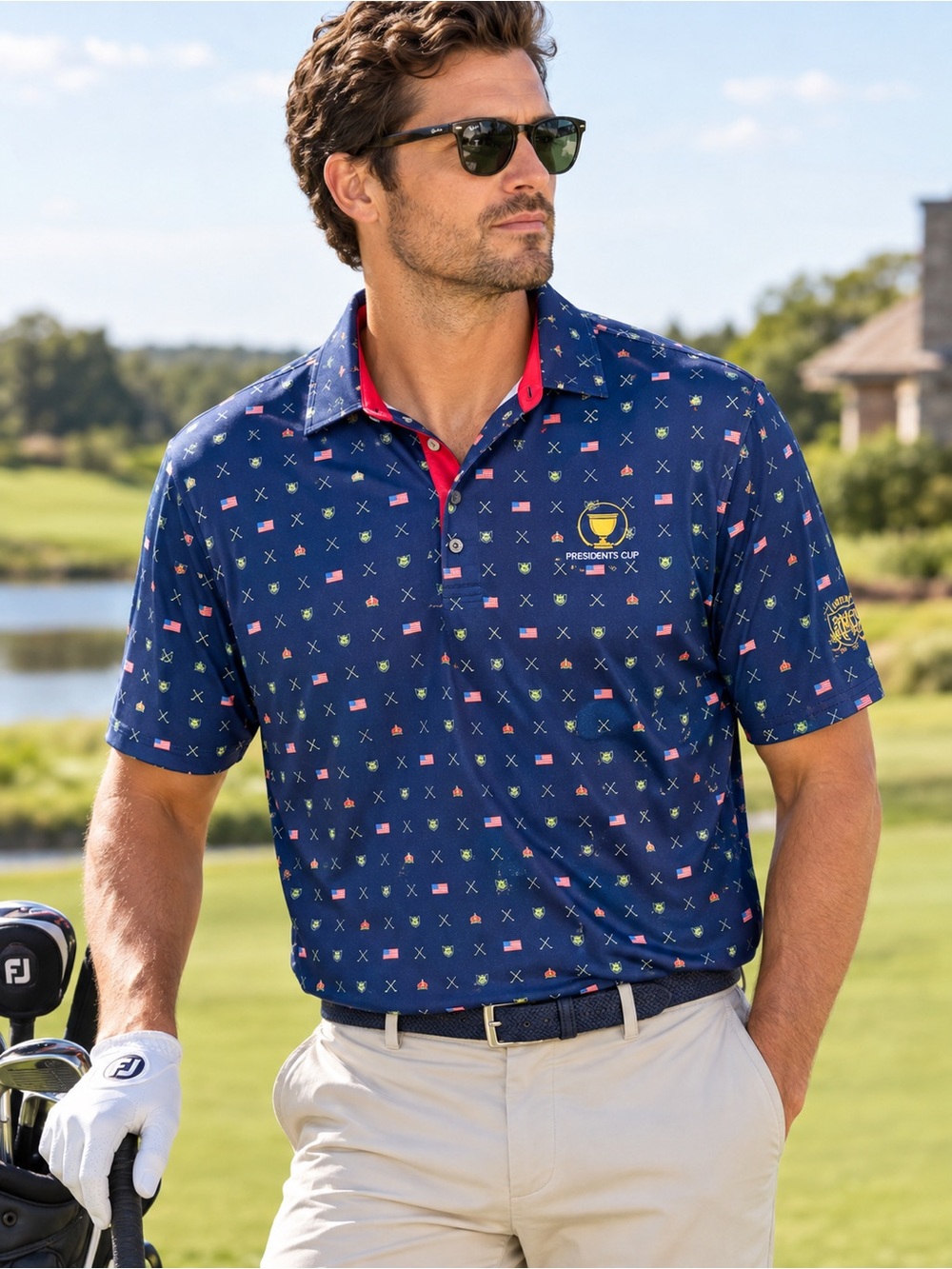 FootJoy 2024 Presidents Cup Team USA Geo Print Golf Polo Navy L #388